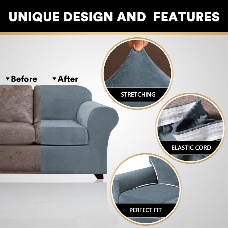 PrinceDeco Velvet Plush Couch Cover Stretch 2 Piece Chair Cover Chair Slipcover Washable Furniture Protector Couch Soft with Elastic Bottom Armchair Cover Width Up to 49 Inch(Small,Stone Blue) - Image 3